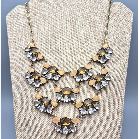 NWT J.Crew Gold Tone Statement  Necklace Amber Honey Color & Clear Stones 19" - Picture 2 of 7